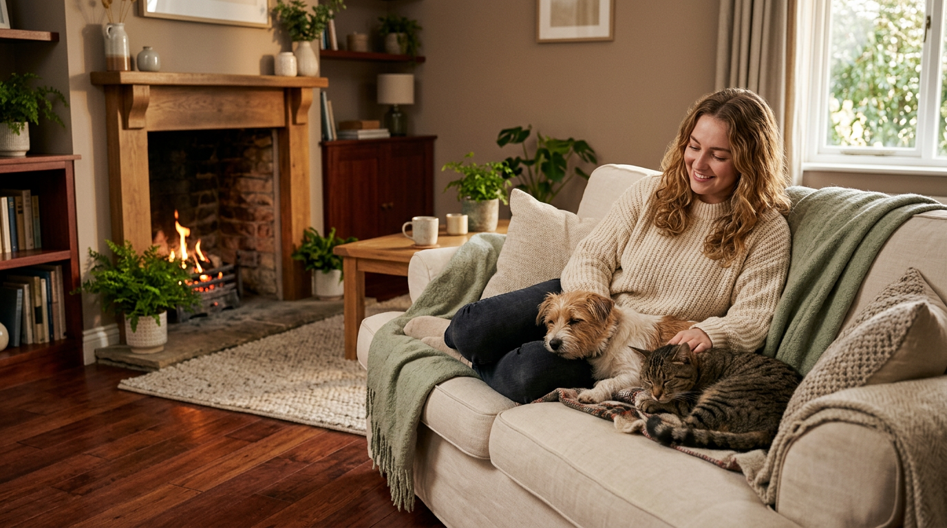 Jeune femme au coin du feu avec son chat et son chien sur un canapé crème — intérieur chaleureux crème et acajou, Zumeo
